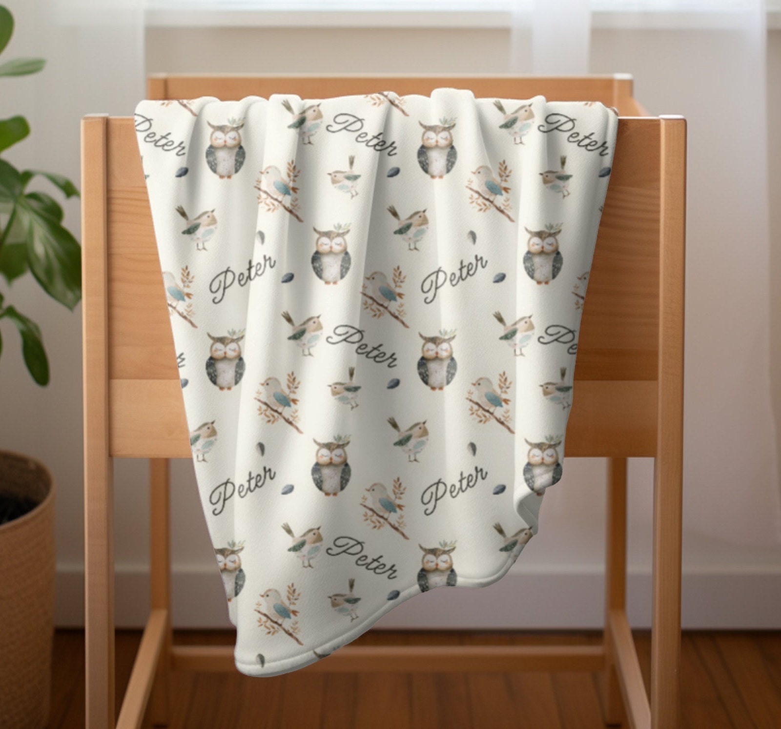 Personalized Name Nursery Owl Blanket, Personalized Velveteen Blanket, Personalized Kid's Blanke