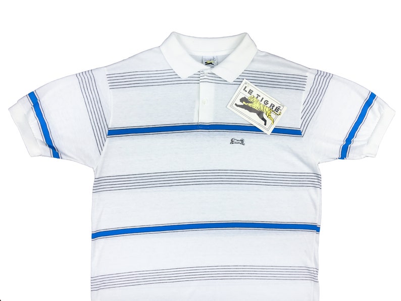 22P x 28L Large Soft Single Stitch Preppy Rare | Vintage 80s Made in USA NWT Deadstock With Tags /'Le Tigre/' Striped Polo Shirt