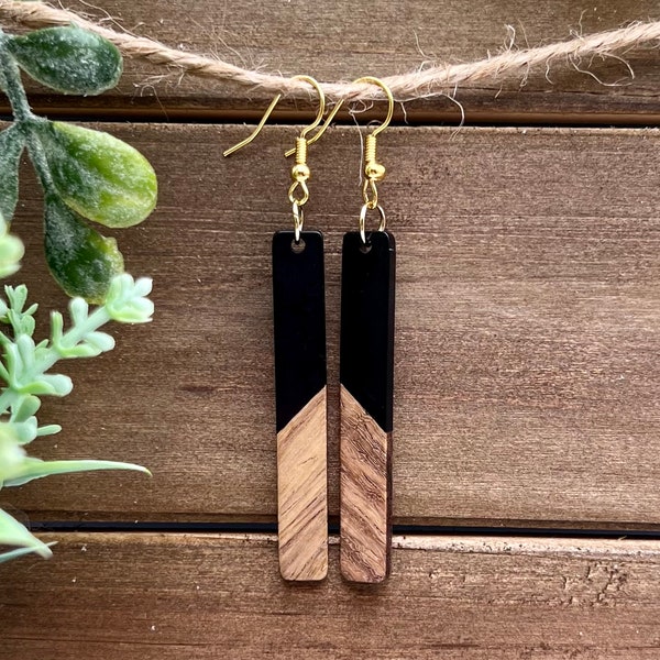 Long Black+Wood Bar Earrings l Wood + Resin Bar Earrings l [Elegant-Boho-Simple-Hypoallergenic- Lightweight] Sleek + On Trend