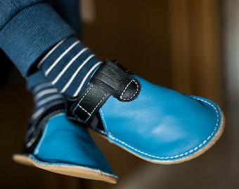 Zippy Blue Leather Barefoot Shoes: Hook & Loop Closure, Sizes 20-33
