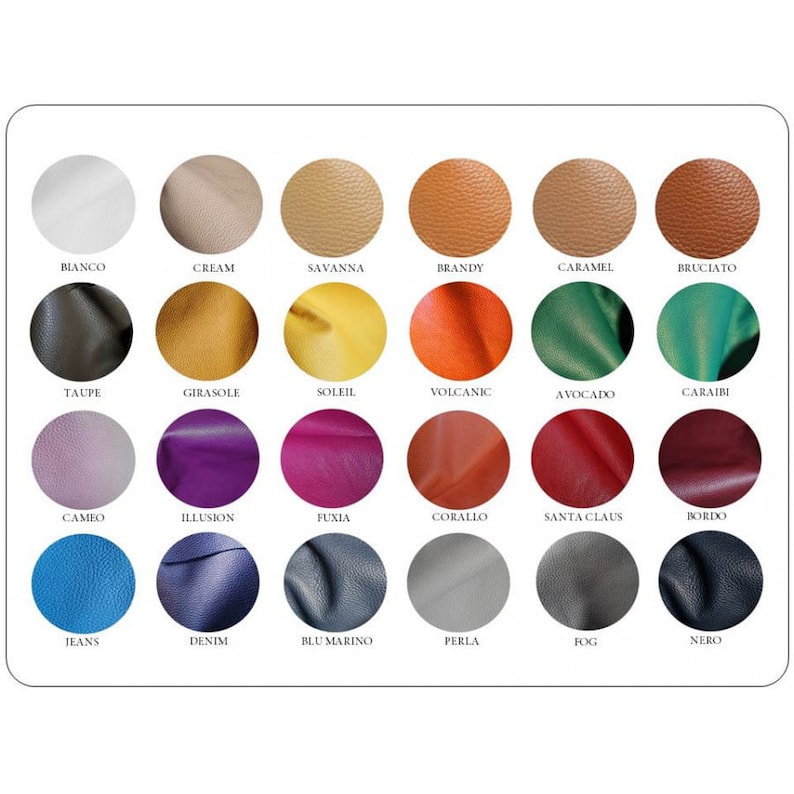 May include: A chart of 18 different leather colors with Italian names. The colors are arranged in three rows of six colors each. The colors include white, cream, tan, brown, green, blue, purple, pink, red, gray, and black.