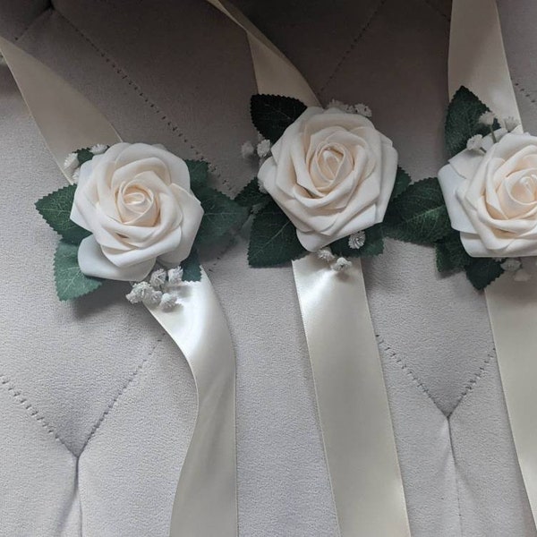 Wrist Corsage with  Ivory Rose, real touch roses, silk wristlet, satin ribbon ,weddings, prom,bridesmaids