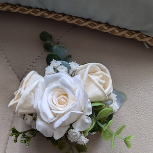 Wrist Corsage with ivory roses,real touch roses, silk wristlet, pearl bracelet, weddings, prom,bridesmaids