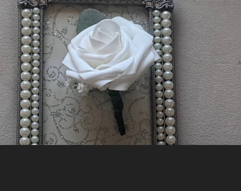 White rose boutonniere, real touch rose boutonniere. Groom, groomsmen, fathers. Wedding flowers