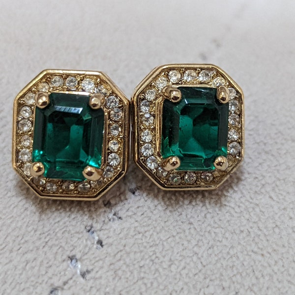 Vintage faux green emerald and rhinestone earrings, pierced earrings