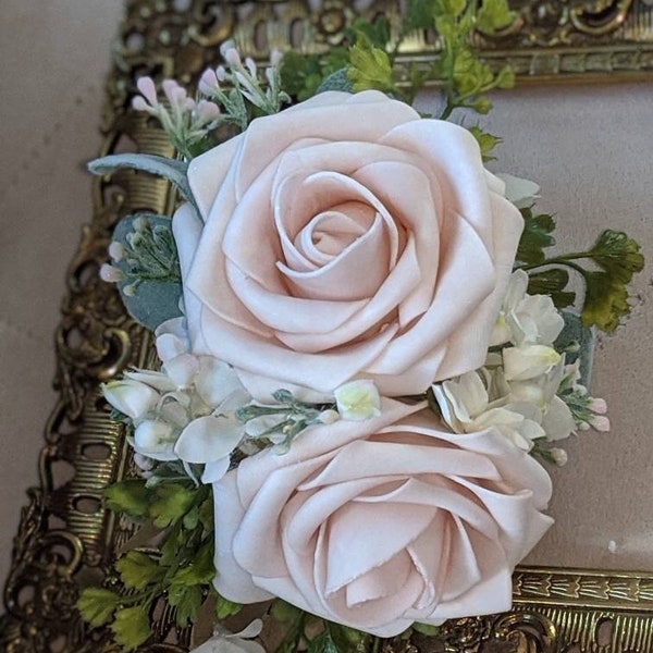 Wrist Corsage with  Blush  roses,real touch roses, silk wristlet, satin ribbon ,weddings, prom,bridesmaids