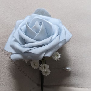 Blue Rose  boutonniere, pale blue real touch rose boutonniere,groomsmen,groom,  buttonhole,weddings,wedding flowers,something blue