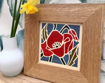 Poppy Flower Marquetry Wall Art, Small Flower Framed Wall Hanging, Poppy Picture, Hand cut marquetry picture, Poppy Framed Artwork