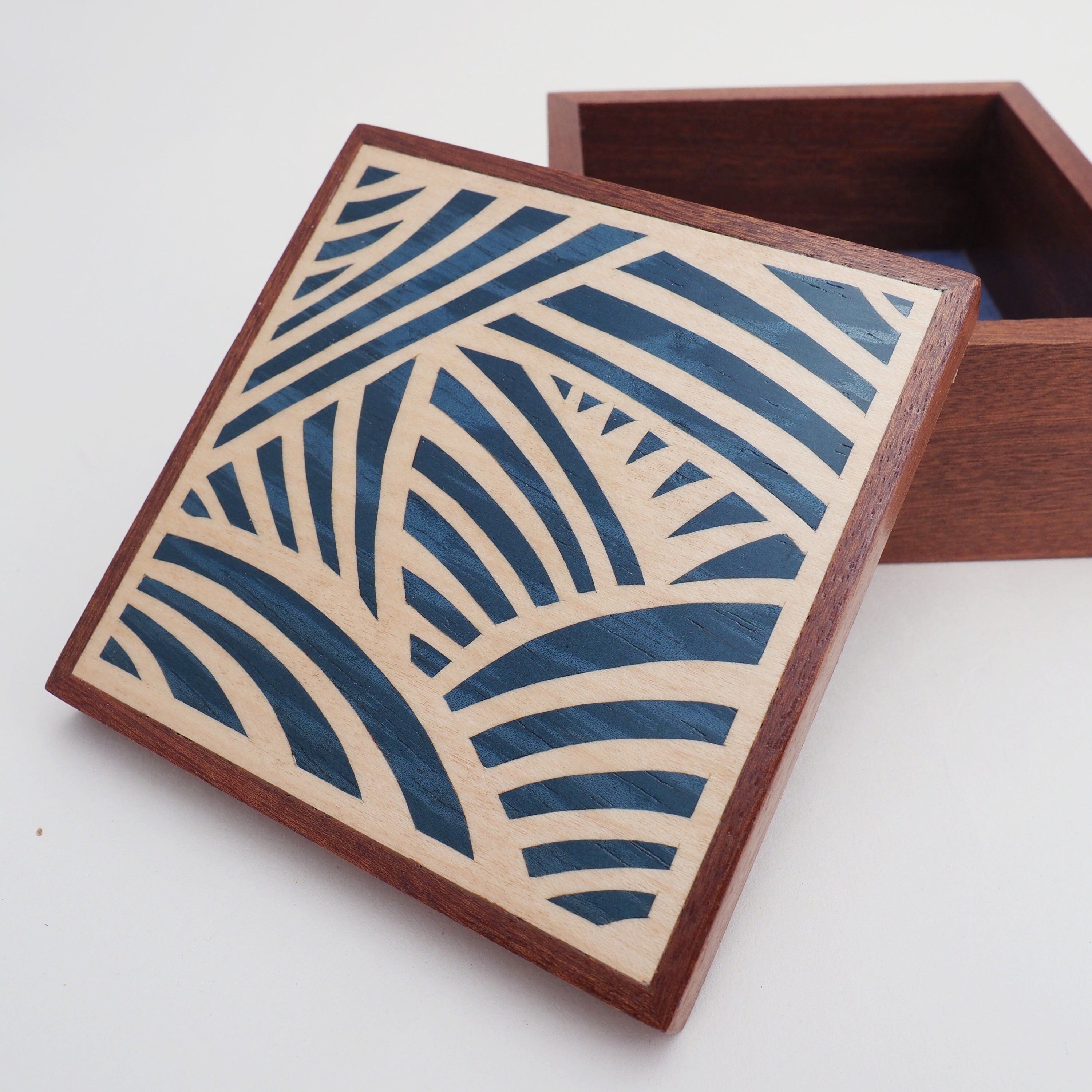 Small Wooden Trinket Box With Blue Japanese Style Pattern, Wooden
