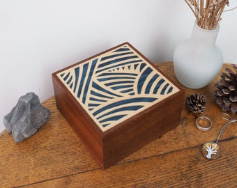Small Wooden Trinket Box With Blue Japanese Style Pattern, Wooden