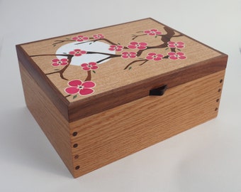 Large Wooden Jewellery Box, Large Oak Jewellery Box with Bright Pink Cherry Blossoms, Wooden Keepsake Box, Wooden Jewellery Box, Gift Box