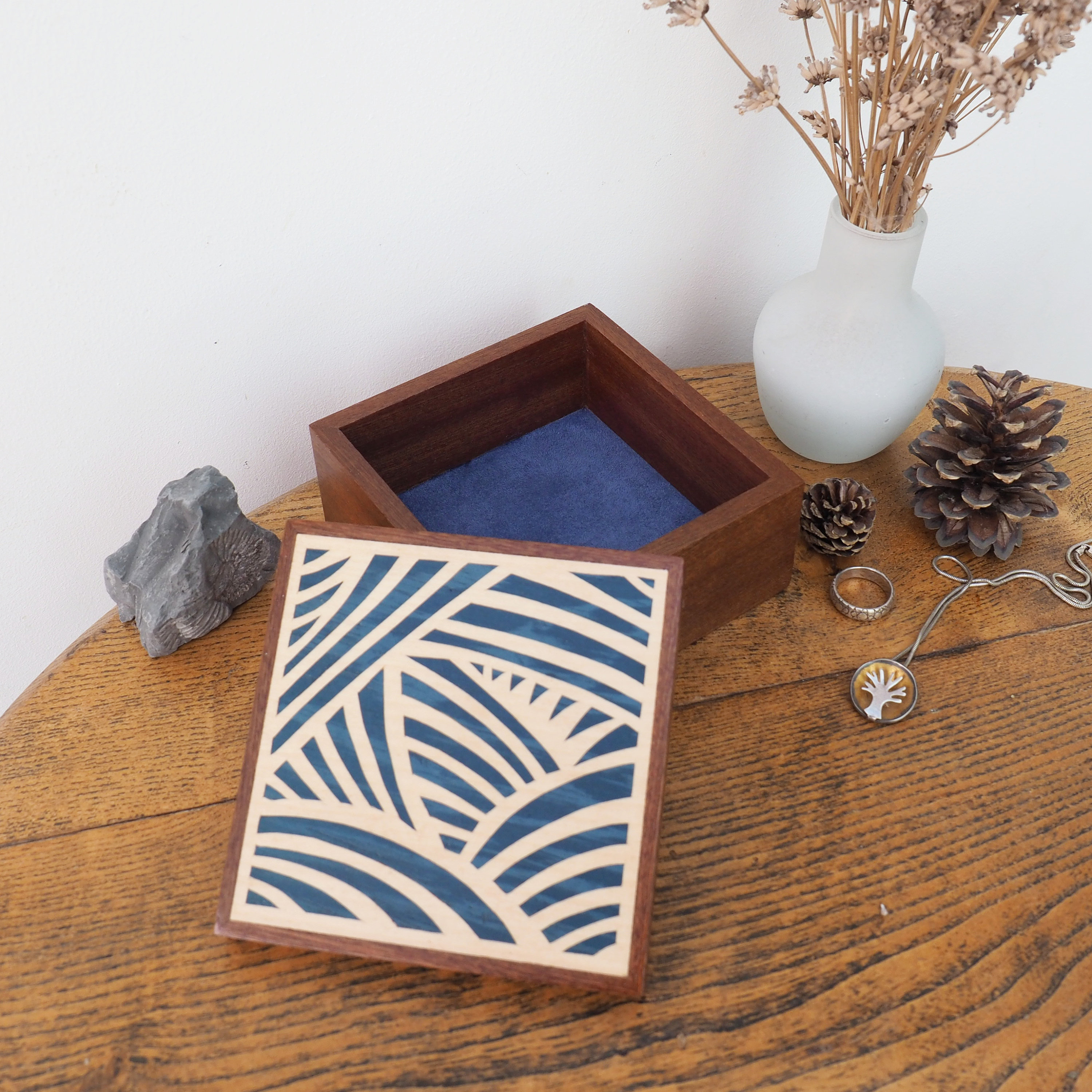 Small Wooden Trinket Box With Blue Japanese Style Pattern, Wooden