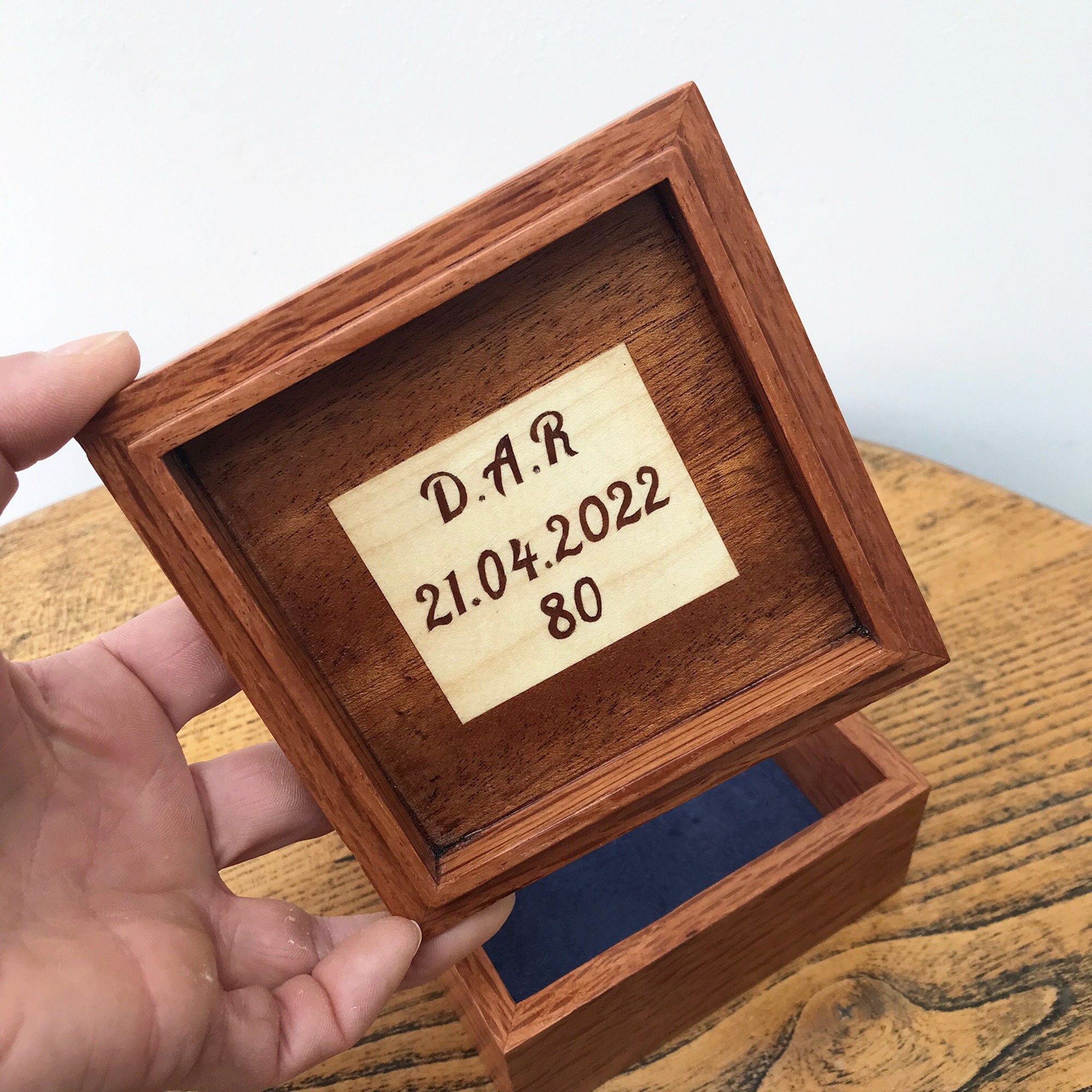 Small Wooden Trinket Box With Blue Japanese Style Pattern, Wooden