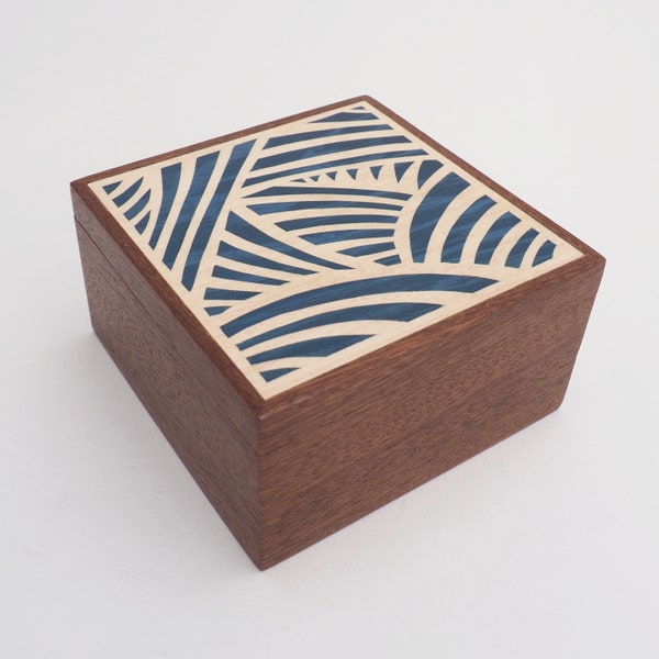 Small Wooden Trinket Box with Blue Japanese style Pattern, Wooden Keepsake box, Small Oak Gift box, Wooden Watch Box, personalised gift box