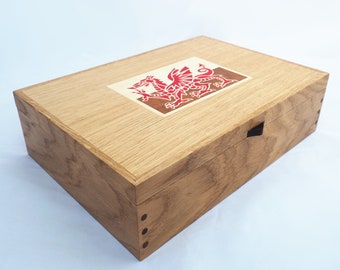 Large Wooden Tea box, Oak Tea Box, Welsh Dragon Tea Box,  Wooden Tea Storage Box, Oak storage Box