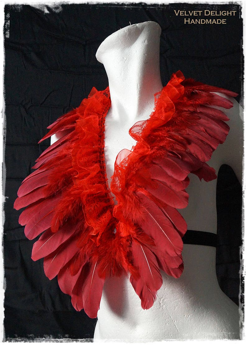 Elegant evening gothic Nipple cover white Lingerie black Lace Neckline bordeaux Bra Harness in Feathers red