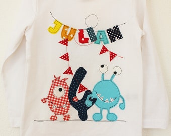 Geburtstagsshirt mit Monster,kleine Monster,Zahl,Name,Kindershirt,Jungenshirt,Shirt zum Geburtstag,Wimpelkette,farbkleckskerstin