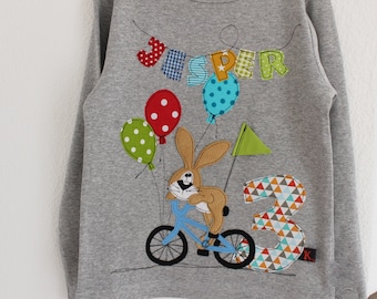 Geburtstagsshirt,Namenshirt,Shirt zum Geburtstag,Hasenshirt,Geburtstagsshirt Kinder,Hase auf Fahrrad,Luftballon,Fahrrad,farbkleckskerstin