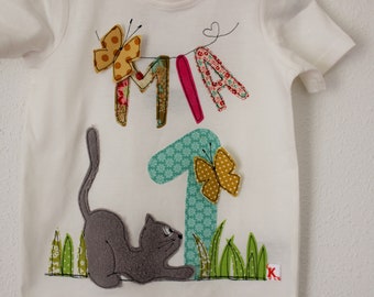 Geburtstagsshirt Kinder,Geburtstagsshirt mit KATZE,Kätzchen,Kindershirt,Geburtstagsshirt,Geburtstagszahl,Katze,Namenshirt,farbkleckskerstin