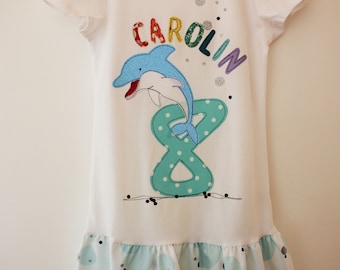 Geburtstagskleid,Geburtstagsshirt Kinder,DELFIN,Glitzerdelfin,Kleid zum Geburtstag,Kleid mit Delfin,Geburtstagszahl,Glitzer,Regenbogen