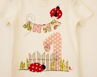 Geburtstagsshirt für Kinder,Geburtstagsshirt mit Marienkäfer,Namenshirt,Kindershirt,Mädchen,Shirt zum Geburtstag,farbkleckskerstin