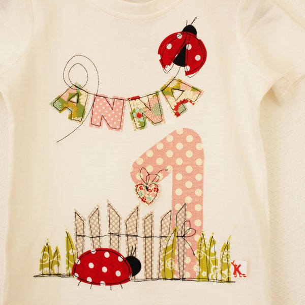 Geburtstagsshirt für Kinder,Geburtstagsshirt mit Marienkäfer,Namenshirt,Kindershirt,Mädchen,Shirt zum Geburtstag,farbkleckskerstin