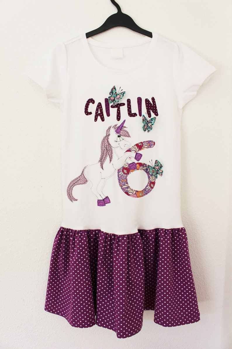 Birthday dress, birthday dress children, UNICORN, girls dress, birthday dress, t-shirt dress, birthday dress with unicorn, glitter, purple image 1