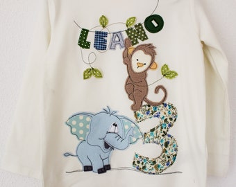 Geburtstagsshirt Kinder,Namenshirt,ELEFANT,AFFE,Dschungel,Geburtstagsshirt,Kindershirt,Shirt mit Zahl,Shirt mit Namen,Shirt mit Elefant