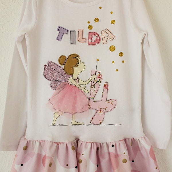 Geburtstagskleid,Geburtstagsshirt Kinder,FEE,Kleine Fee,Kleid zum Geburtstag,Kinderkleid mit Fee,Geburtstagszahl,Glitzer,