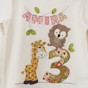 Geburtstagsshirt Kinder,Namenshirt,GIRAFFE,EULE,Dschungel,Geburtstagsshirt,Kindershirt,Shirt mit Zahl,Shirt mit Namen,Shirt mit Giraffe Bild 1