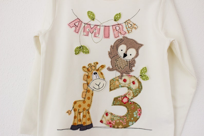 Geburtstagsshirt Kinder,Namenshirt,GIRAFFE,EULE,Dschungel,Geburtstagsshirt,Kindershirt,Shirt mit Zahl,Shirt mit Namen,Shirt mit Giraffe Bild 1