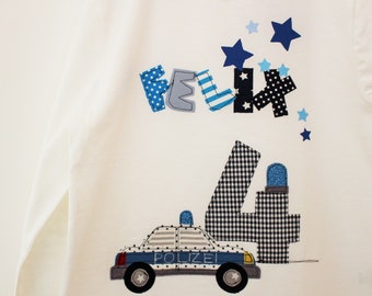 Geburtstagsshirt mit POLIZEIAUTO,Jungenshirt,Namenshirt,Shirt mit Polizeiauto,Geburtstagszahl,Namenshirt,Kindershirt,farbkleckskerstin