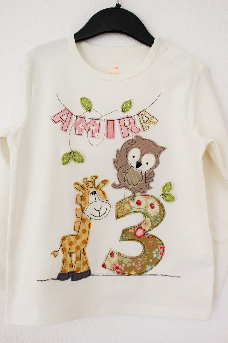 Geburtstagsshirt Kinder,Namenshirt,GIRAFFE,EULE,Dschungel,Geburtstagsshirt,Kindershirt,Shirt mit Zahl,Shirt mit Namen,Shirt mit Giraffe Bild 2