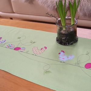 Table runner CHICKENS,Easter,Spring,Table runners with chickens,Chickens,Eggs,Easter eggs,Easter table decoration,Spring decoration,Farbkleckskerstin