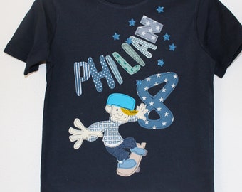 Birthday shirt, SKATEBOARD, children's shirt, birthday shirt with skateboarder, children's shirt, birthday number, name, glitter