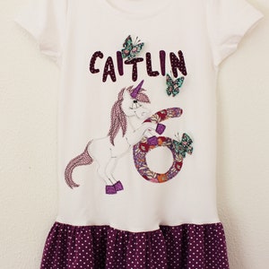 Vestido de cumpleaños, vestido de cumpleaños para niños, UNICORNIO, vestido de niña, vestido de cumpleaños, vestido de camiseta, vestido de cumpleaños con unicornio, brillo, morado imagen 2