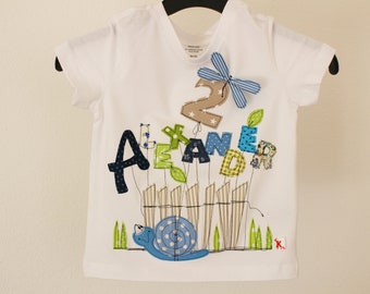 Geburtstagsshirt Kinder,Im Garten,Kindershirt,Shirt zum Geburtstag,Shirt mit Namen,Namenshirt,Schnecke,Libellen,farbkleckskerstin