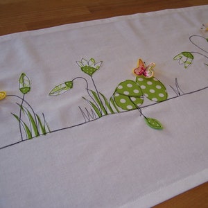 Spring table runner, table runner with spring motif, snowdrops, butterflies, Easter eggs, spring, Easter, color dab Kerstin