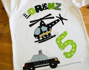 Birthday shirt, POLICE, police helicopter, children's shirt, birthday shirt with helicopter, police car, birthday number, name