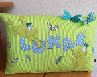 Kinderkissen,Kissenhülle,Kuschelkissen,Spielkissen,Namenkissen,Geschenk zur Geburt,Geschenk zur Taufe,Frosch,Frösche,Libellen,grün,blau