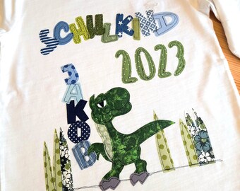 Shirt SCHULKIND, school child shirt, school start, first day of school, Trex, dinosaur, dinosaur, school child shirt with dinosaur, dinosaur shirt, color dab Kerstin