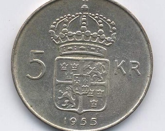 Gustav VI Swedish Silver 5 Kronor 1955 TS