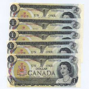 5 Consecutive 1973 Canada MISCUT ERROR 1 One Dollar Banknotes UNC