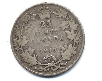 1918年カナダ25セント銀貨。ジョージ5世、第一次世界大戦時代。VF流通