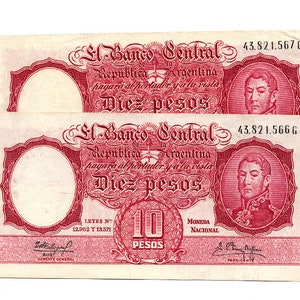 2 Consecutive 1935 Banco Central Argentina 10 Pesos Banknotes (UNC)