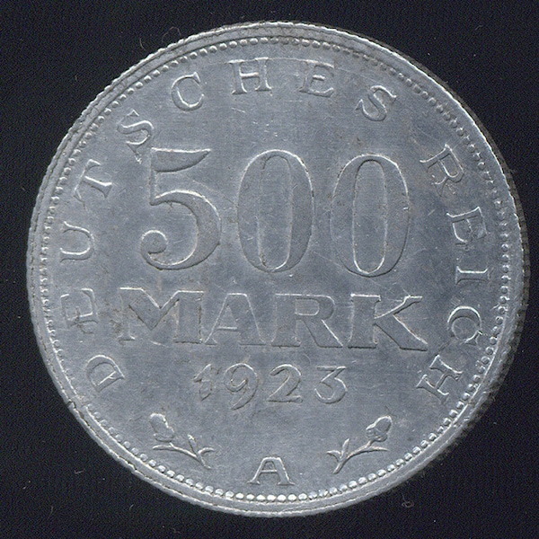 1923-A Germany Weimar Republic 500 Mark Aluminum Coin