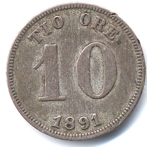 1891 Sweden 10 Ore Silver - Low Mintage - (King Oscar II)