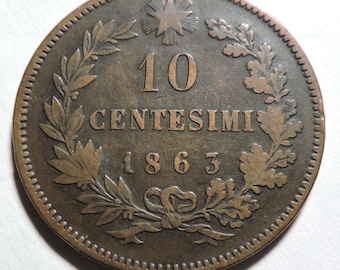 1863 Italy 10 Centesimi Copper Coin