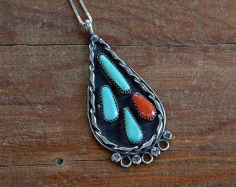 Vintage Navajo Turquoise and Coral Sterling Silver Teardrop Necklace
