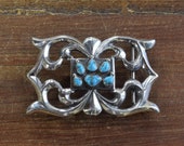 Vintage Navajo Sandcast Sterling Silver and Turquoise Belt Buckle by F.J. Henry